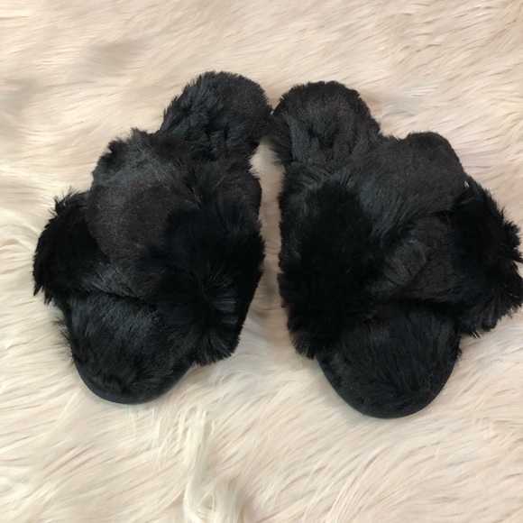 SLIPPERS Fluffy Slides Black Faux Fur, Cross Band Small - Picture 6 of 10